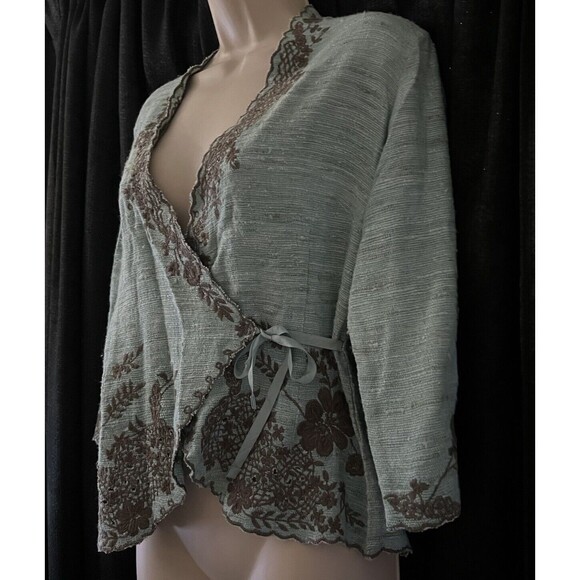 Two Star Dog TSD Green Brown Floral Embroidered 3/4 Sleeve 100% Silk Jacket S - Picture 3 of 8